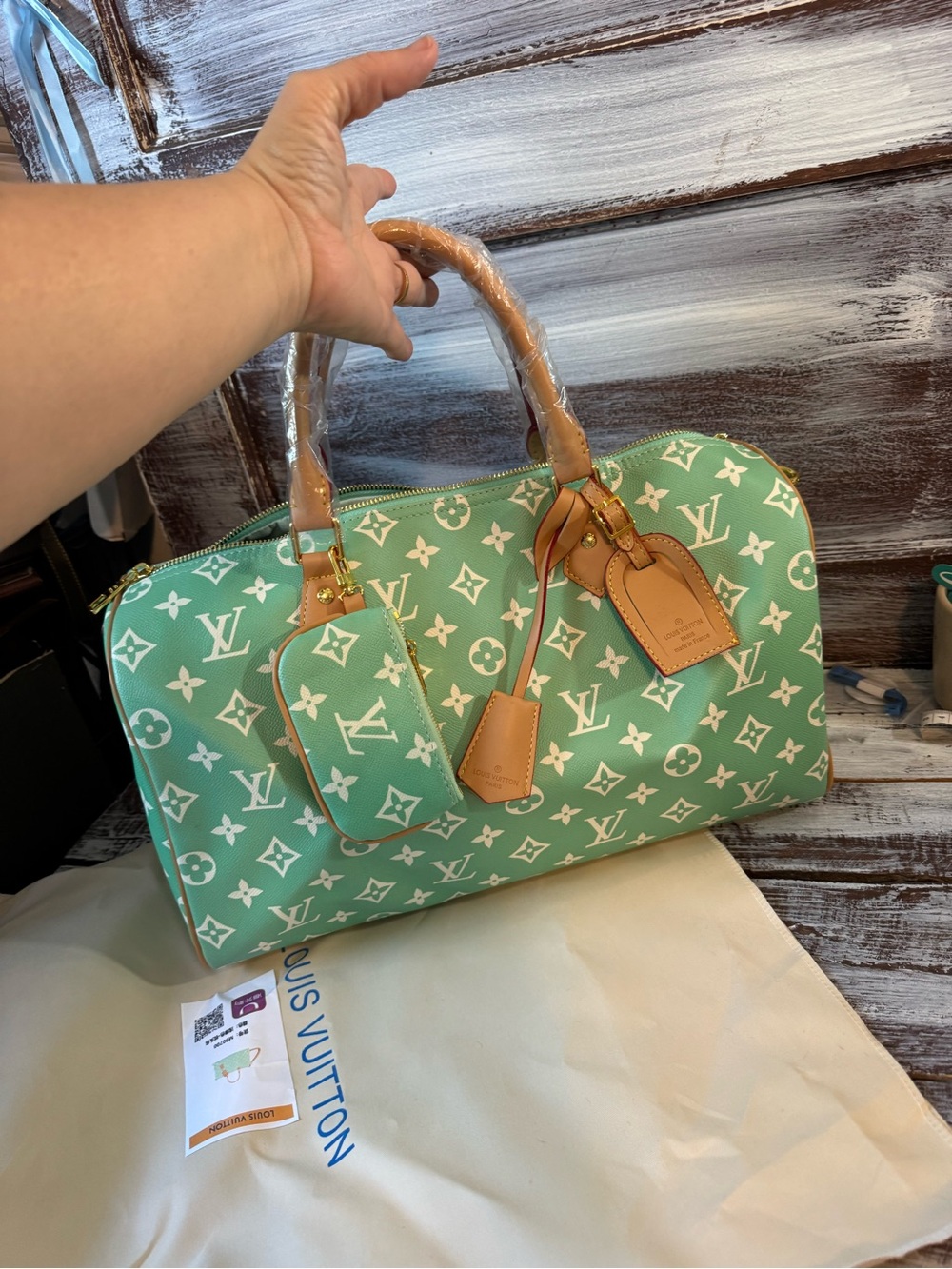 Mint Green Monogram Speedy Satchel with Duster Bag